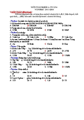 Đề thi môn Toán Khối 4 - Tuần 4 - Năm học 2013-2014